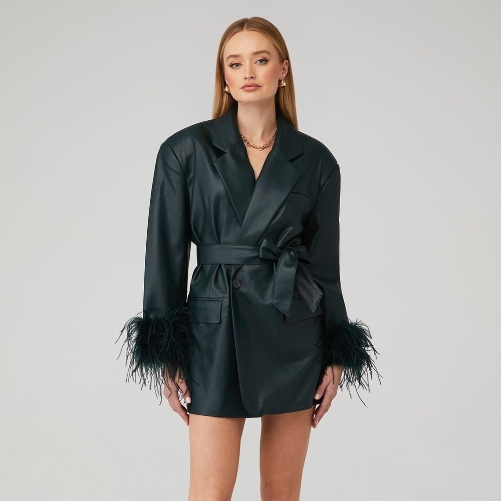 Lamarque Galia Blazer Dress Jacket Feather Trim Dark Jade XS/S